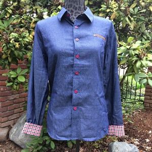 PX Fushi Denim and Red Plaid Long Sleeve Shirt - Size XL